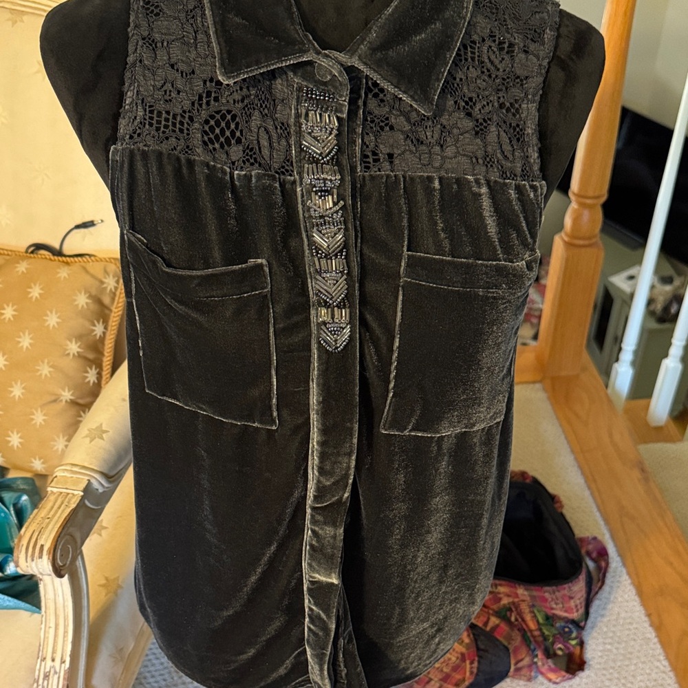 Miss me, black velvet, and lace sleeveless top